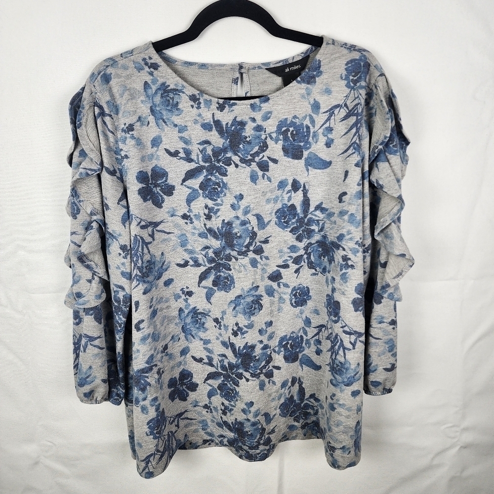 Ali Miles Blue Floral‎ Ruffle Sleeve Long Sleeve Blouse SIZE Large